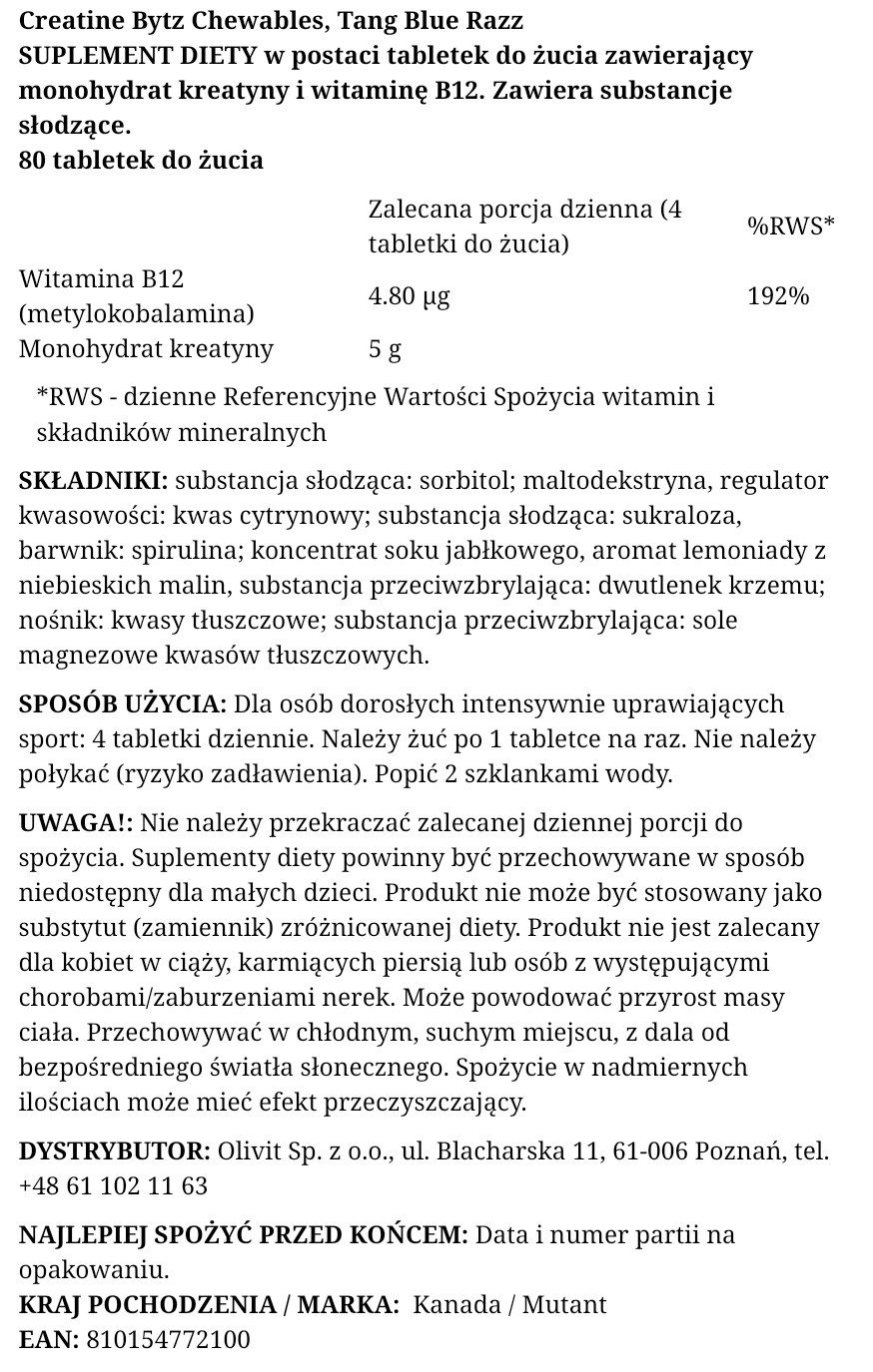 Mutant Creatine Bytz Chewables (kreatynowe cukierki do żucia), tang blue razz - 80 tabl. - obrazek 3